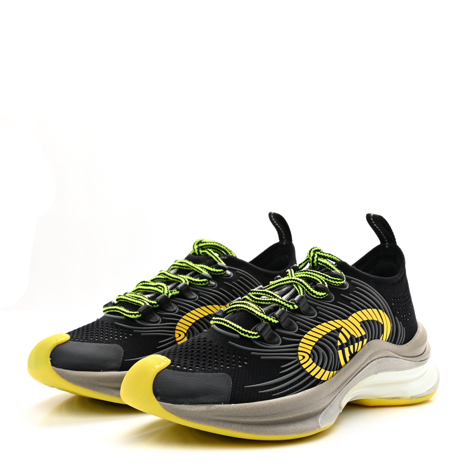 Gucci Technical Knit Fabric Waves Womens Gucci Run Sneakers 35.5 Black Silver Giallo Neon Yellow 4 of 9