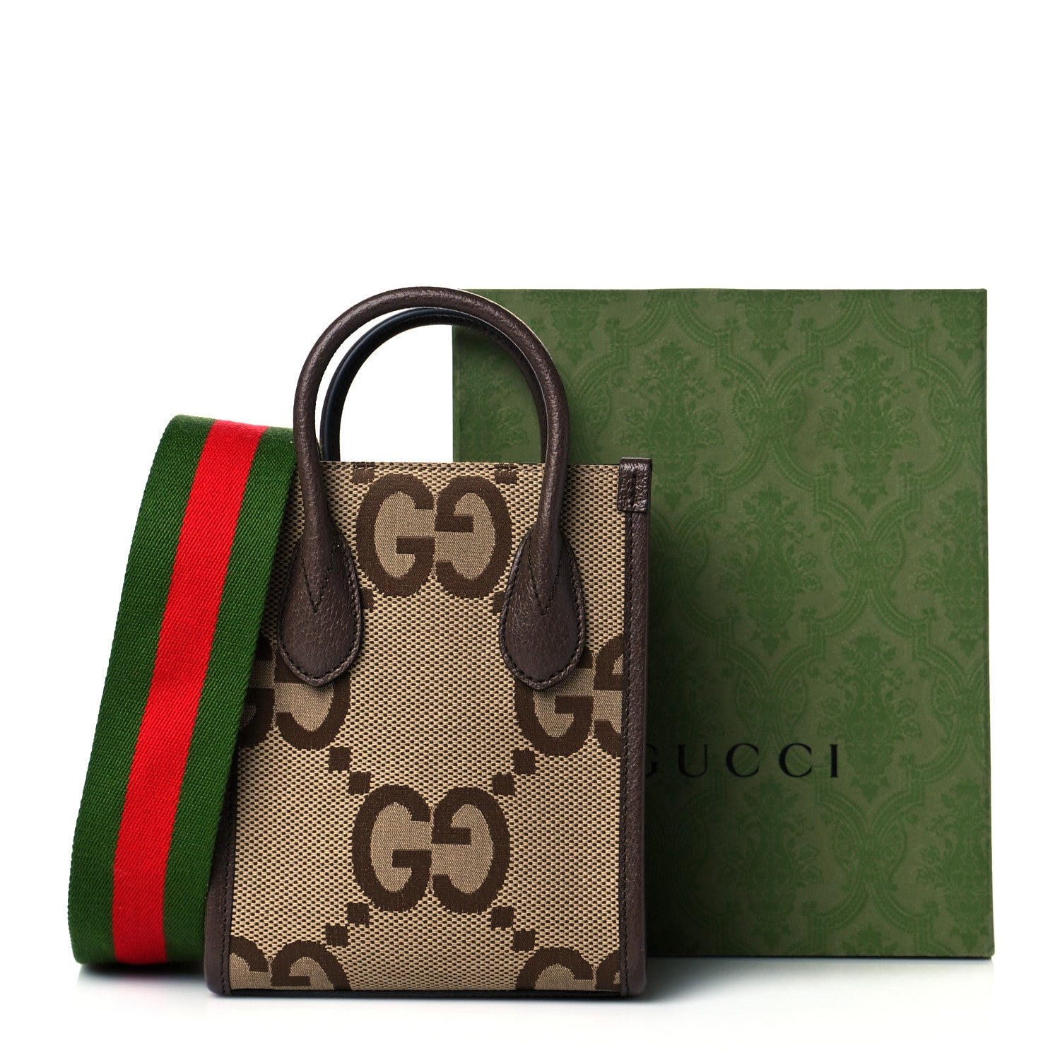 Gucci Monogram Jumbo GG Textured Dollar Calfskin Web Mini Vertical Tote Camel Ebony New Acero 11 of 11