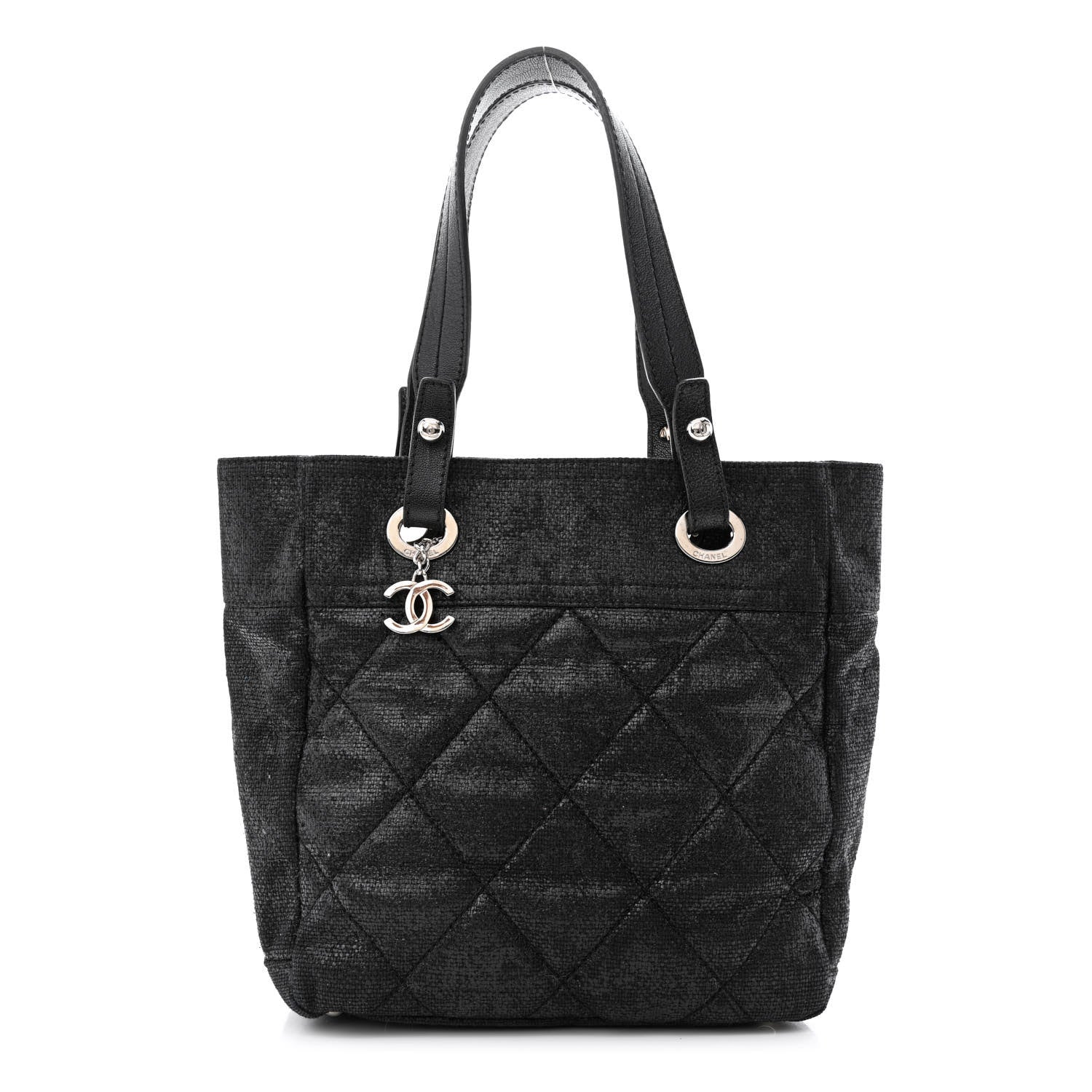 Chanel Metallic Coated Canvas Quilted Small Paris Biarritz Tote Black 1 of 10