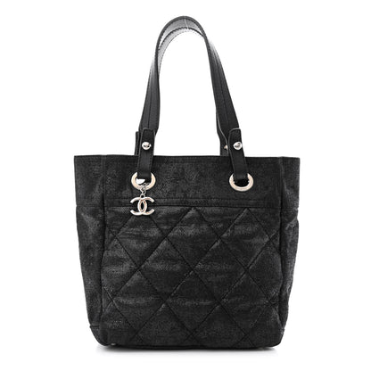 Chanel Metallic Coated Canvas Quilted Small Paris Biarritz Tote Black 1 of 10