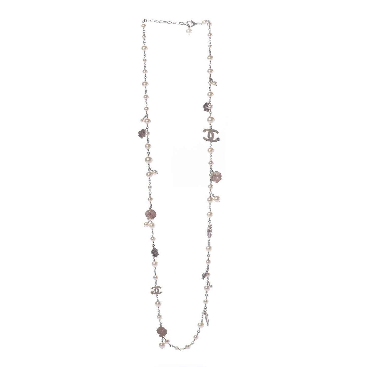 Pearl Crystal Flower CC Long Necklace Golden Pearly White