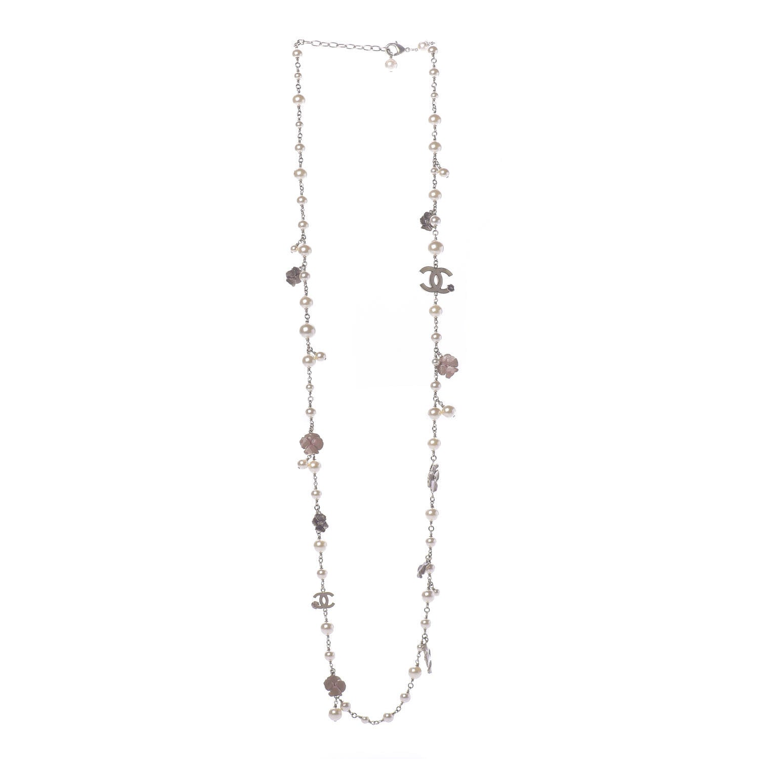 Chanel Pearl Crystal Flower CC Long Necklace Golden Pearly White 3 of 7