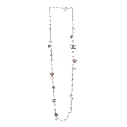 Chanel Pearl Crystal Flower CC Long Necklace Golden Pearly White 3 of 7