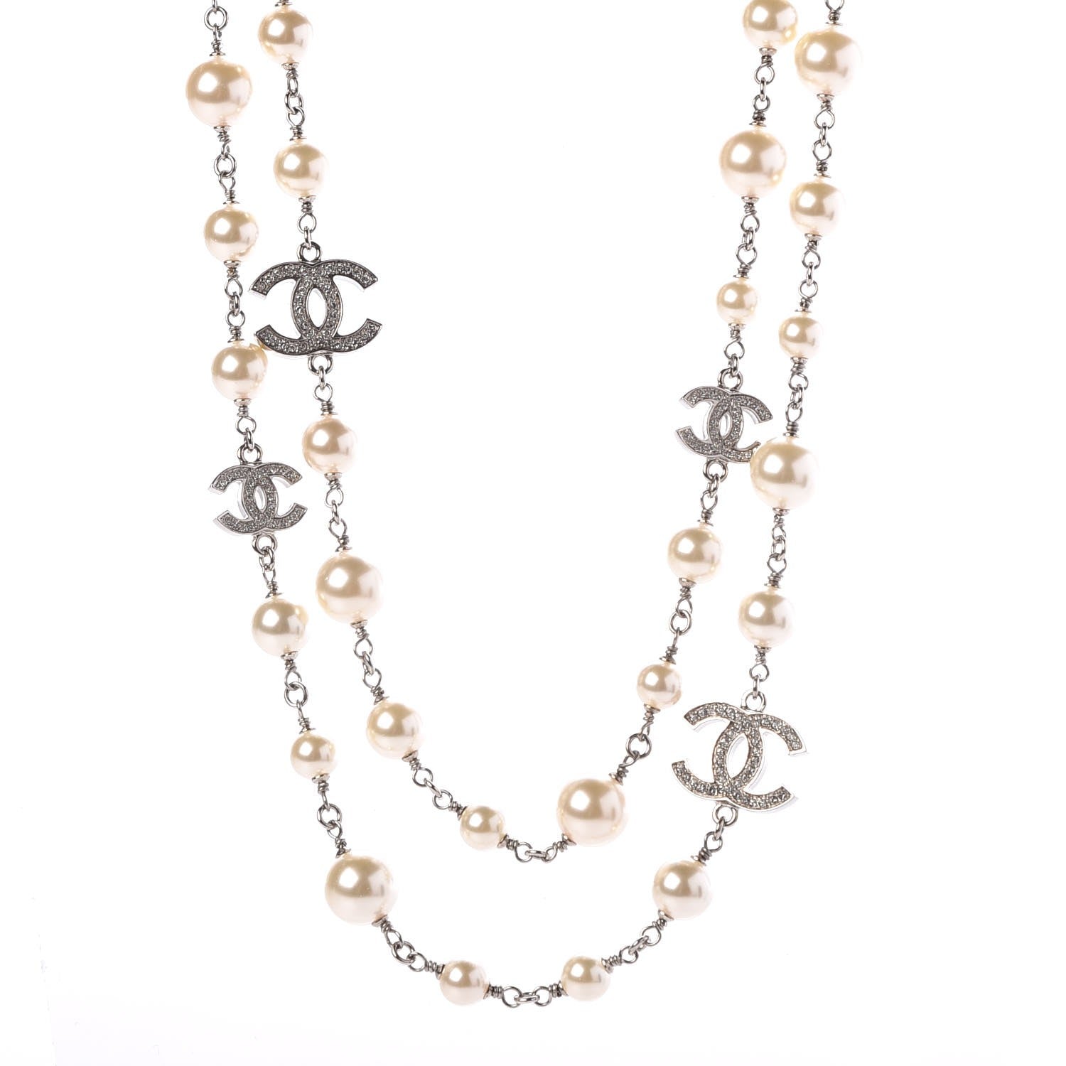 Chanel Crystal Pearl CC Long Necklace Silver 1 of 6