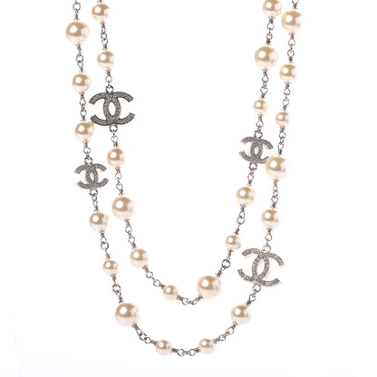 Chanel Crystal Pearl CC Long Necklace Silver 1 of 6