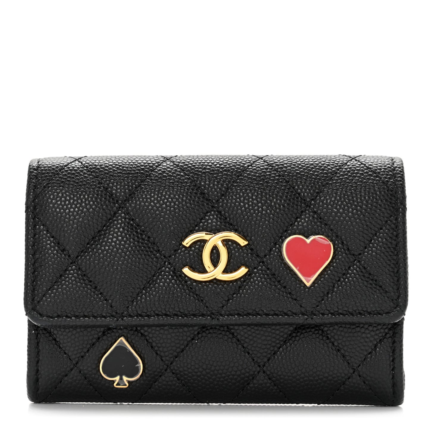 Caviar Quilted Enamel Coco Casino Flap Card Holder Wallet Black