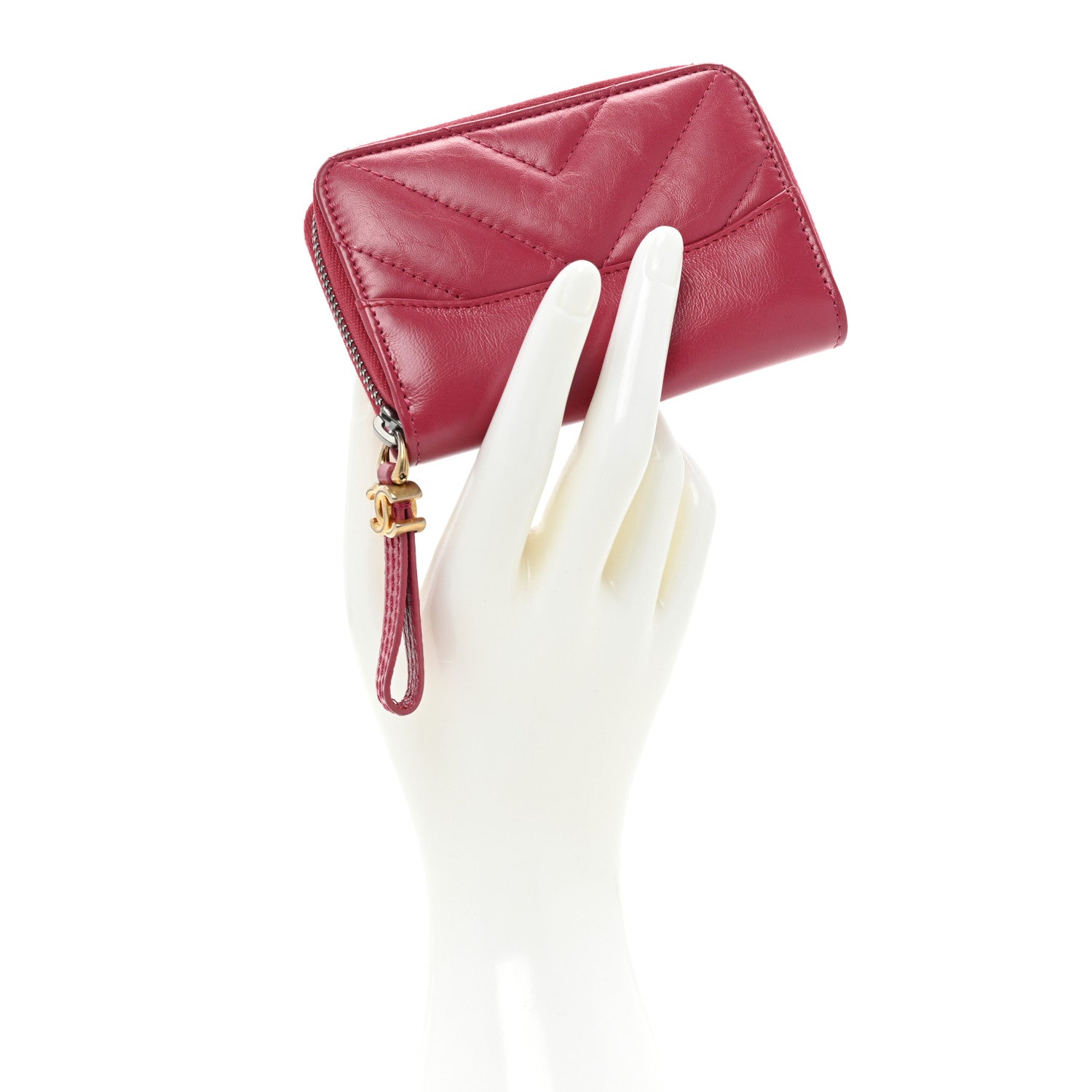 Chanel Aged Calfskin Chevron Quilted Gabrielle Zip Around Coin Purse Wallet Dark Pink 2 of 10
