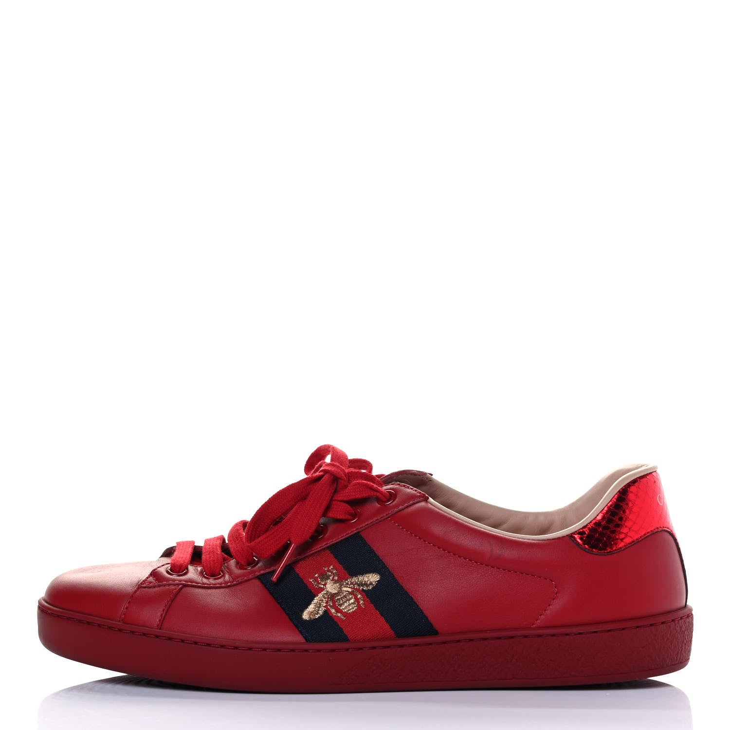 Gucci Miro Soft Calfskin Laminated Ayers Web Bee Embroidered Mens Ace Sneakers 10.5 Hibiscus Red Red Flame Notte 1 of 7