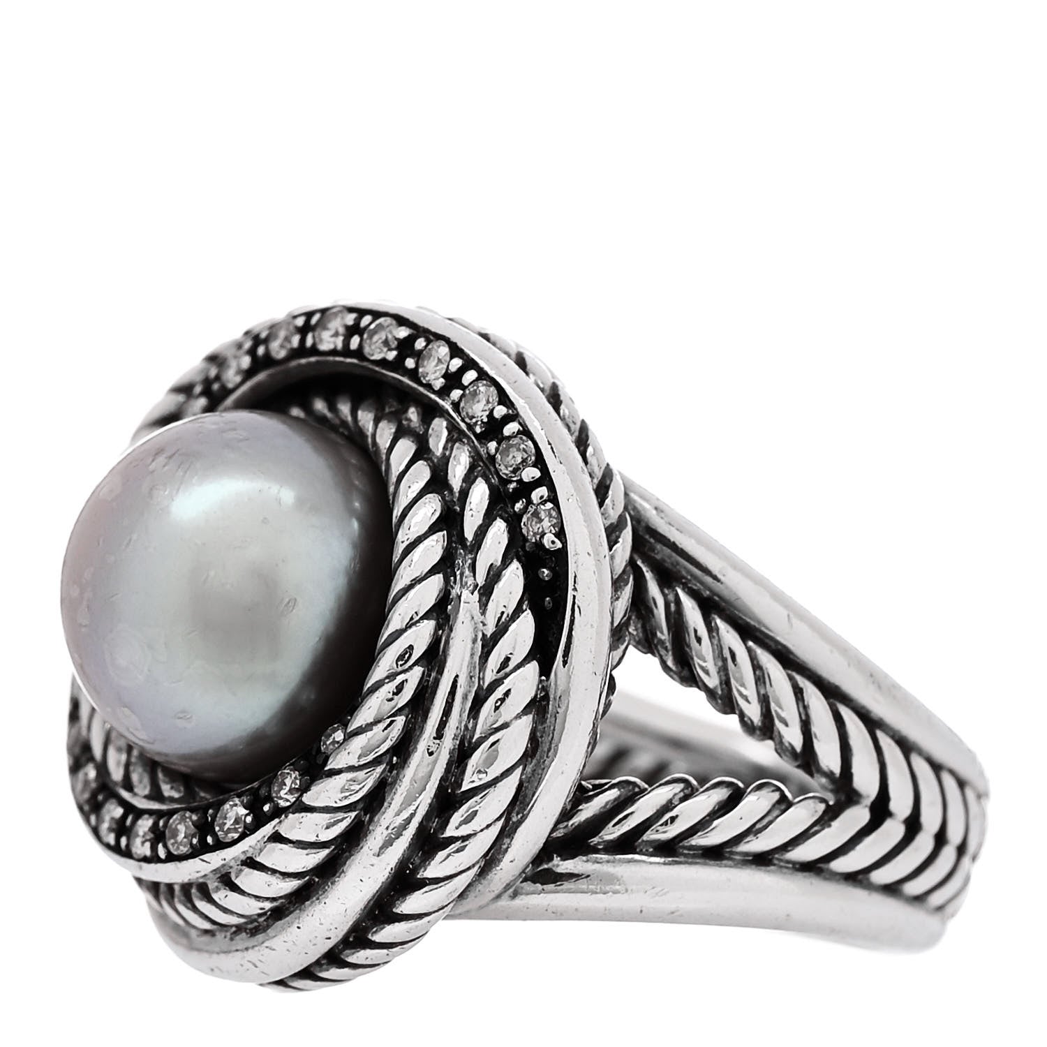 David Yurman Sterling Silver Diamond Pearl 10mm Crossover Ring 52 6 3 of 5