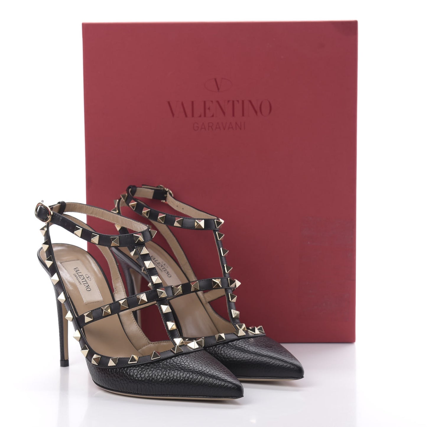 Pebbled Calfskin Rockstud Ankle Strap Pumps 38 Black