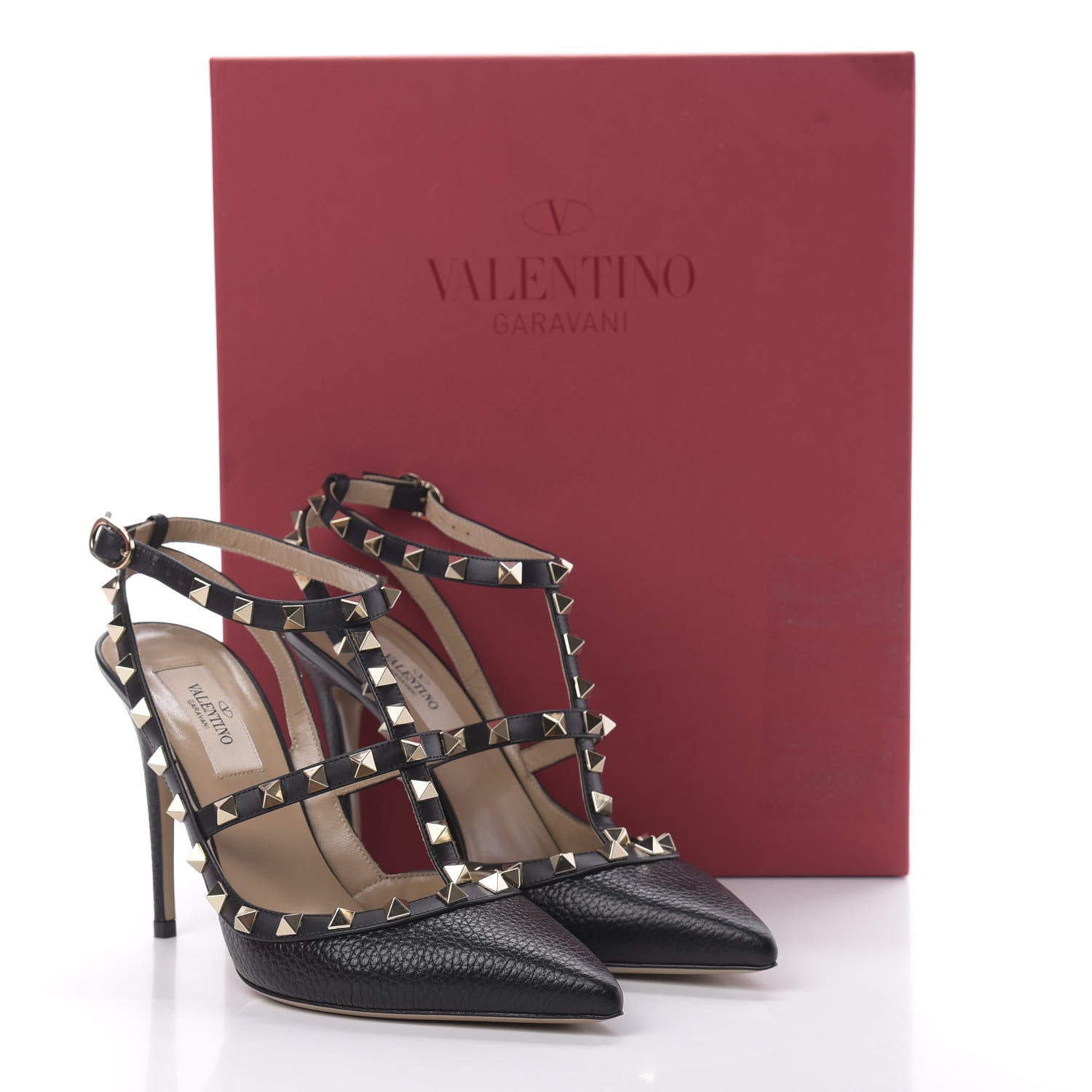 Valentino Garavani Pebbled Calfskin Rockstud Ankle Strap Pumps 38 Black 10 of 10