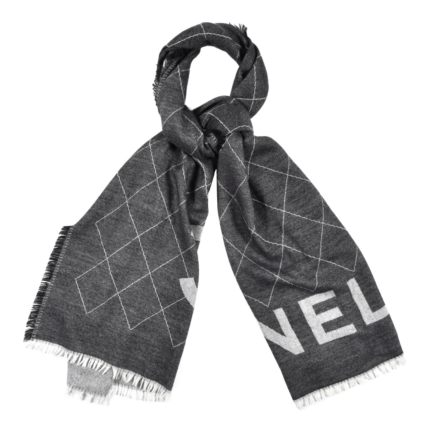 Chanel Cashmere Silk Quilted CC Logo Stole Black White 1 of 4