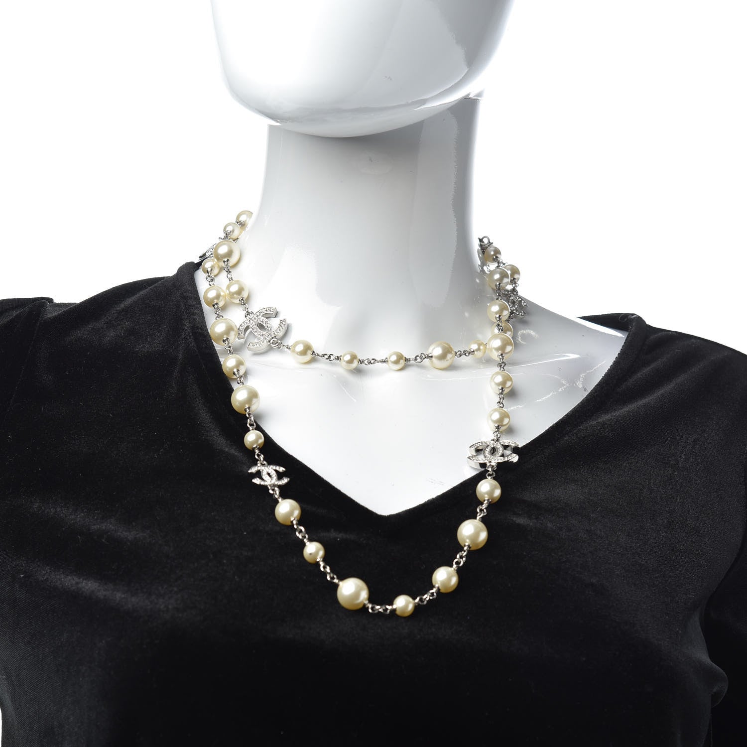 Chanel Crystal Pearl CC Long Necklace Silver 2 of 4
