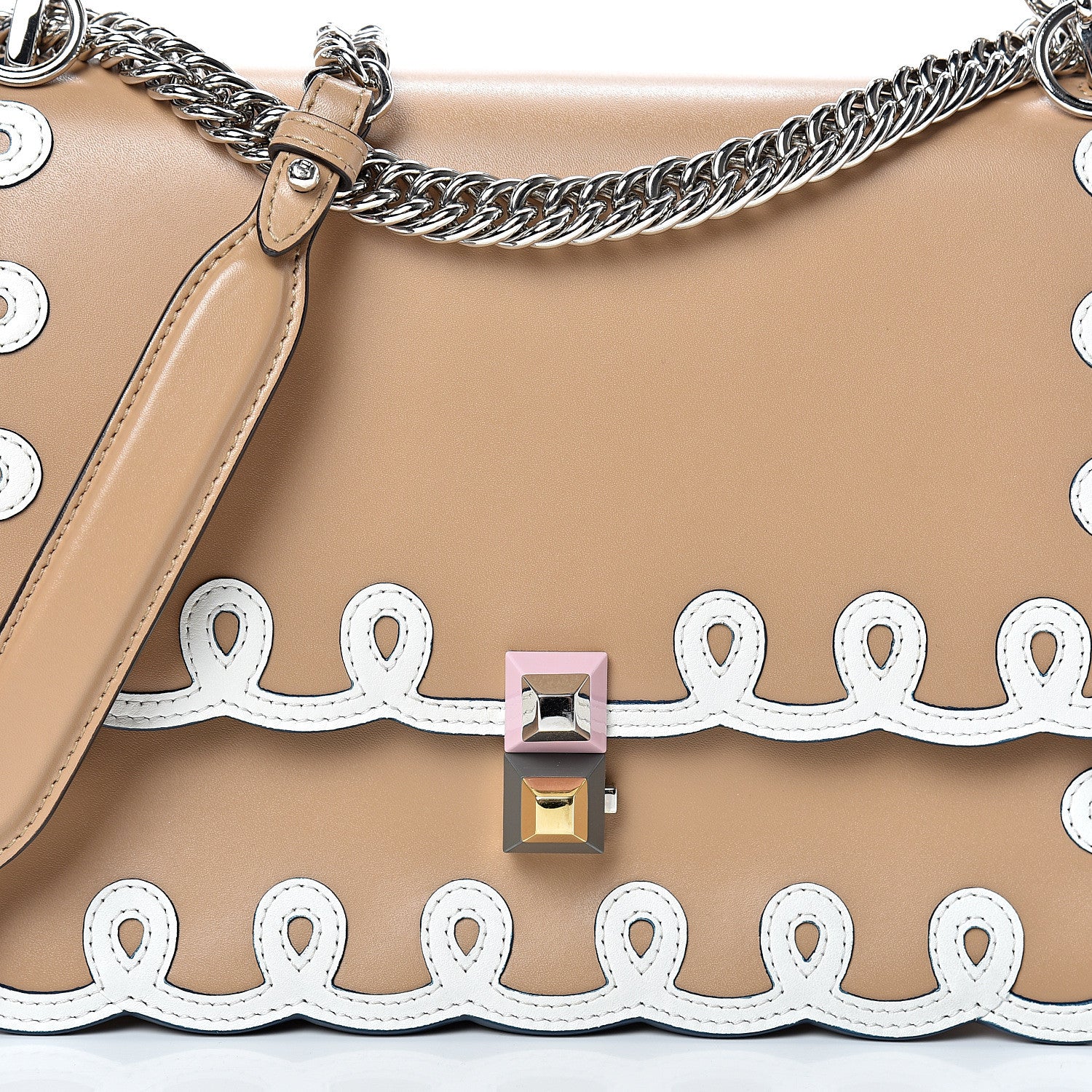 Fendi Vitello Liberty Dolce Scalloped Studded Scrollwork Kan I Shoulder Bag Cuoio White 7 of 9