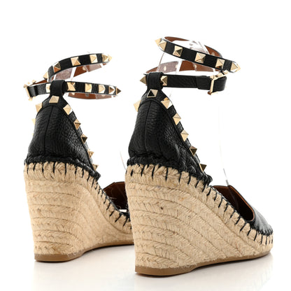 Valentino Garavani Grained Calfskin Rockstud Ankle Wrap Espadrille 15/85mm Wedges 37 Black Light Cuir 4 of 9