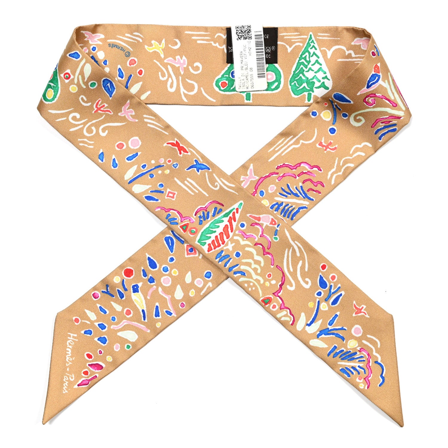 Hermes Silk Isola Di Primavera Twilly Camel Bleu Vif Fuchsia 1 of 5