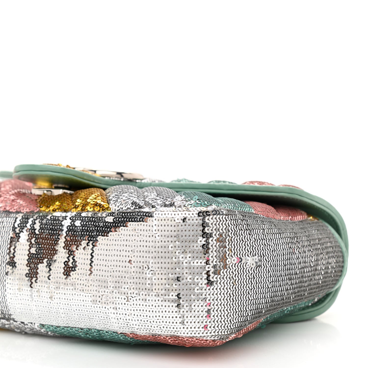 Gucci Sequin Satin Calfskin Matelasse Diagonal Small GG Marmont Shoulder Bag Grigio Argento Verde Chiaro Rosa Giallo Light Water Green 8 of 8