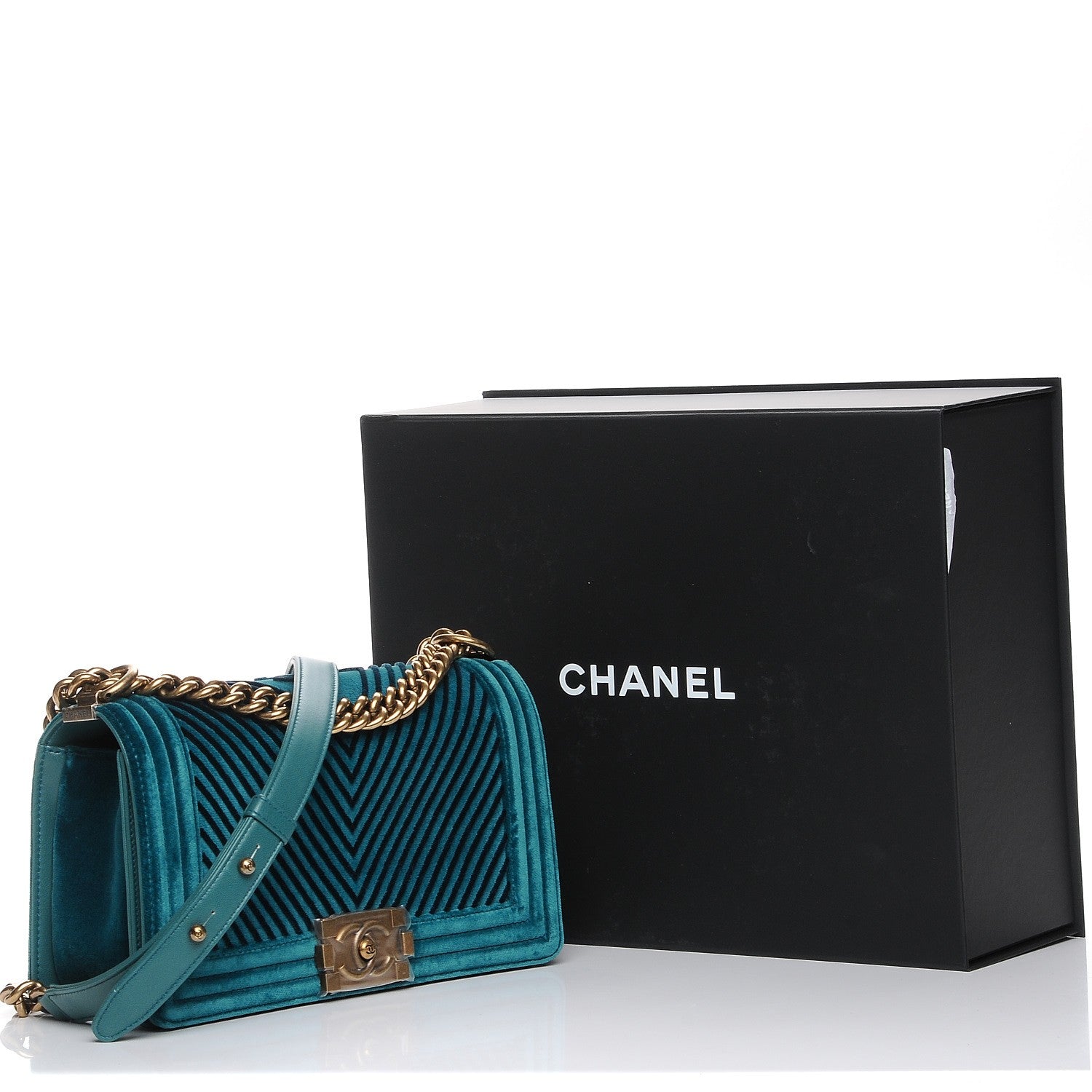 Chanel Velvet Chevron Quilted Medium Boy Flap Peacock Blue 9 of 9
