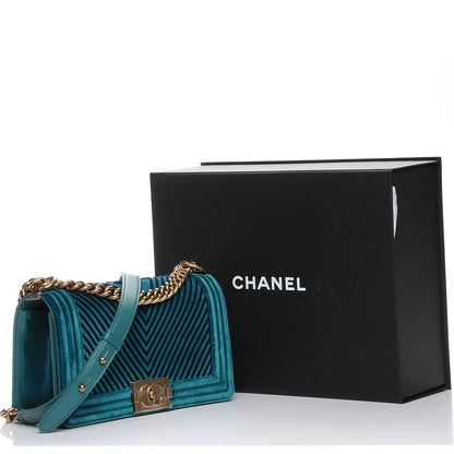 Chanel Velvet Chevron Quilted Medium Boy Flap Peacock Blue 9 of 9