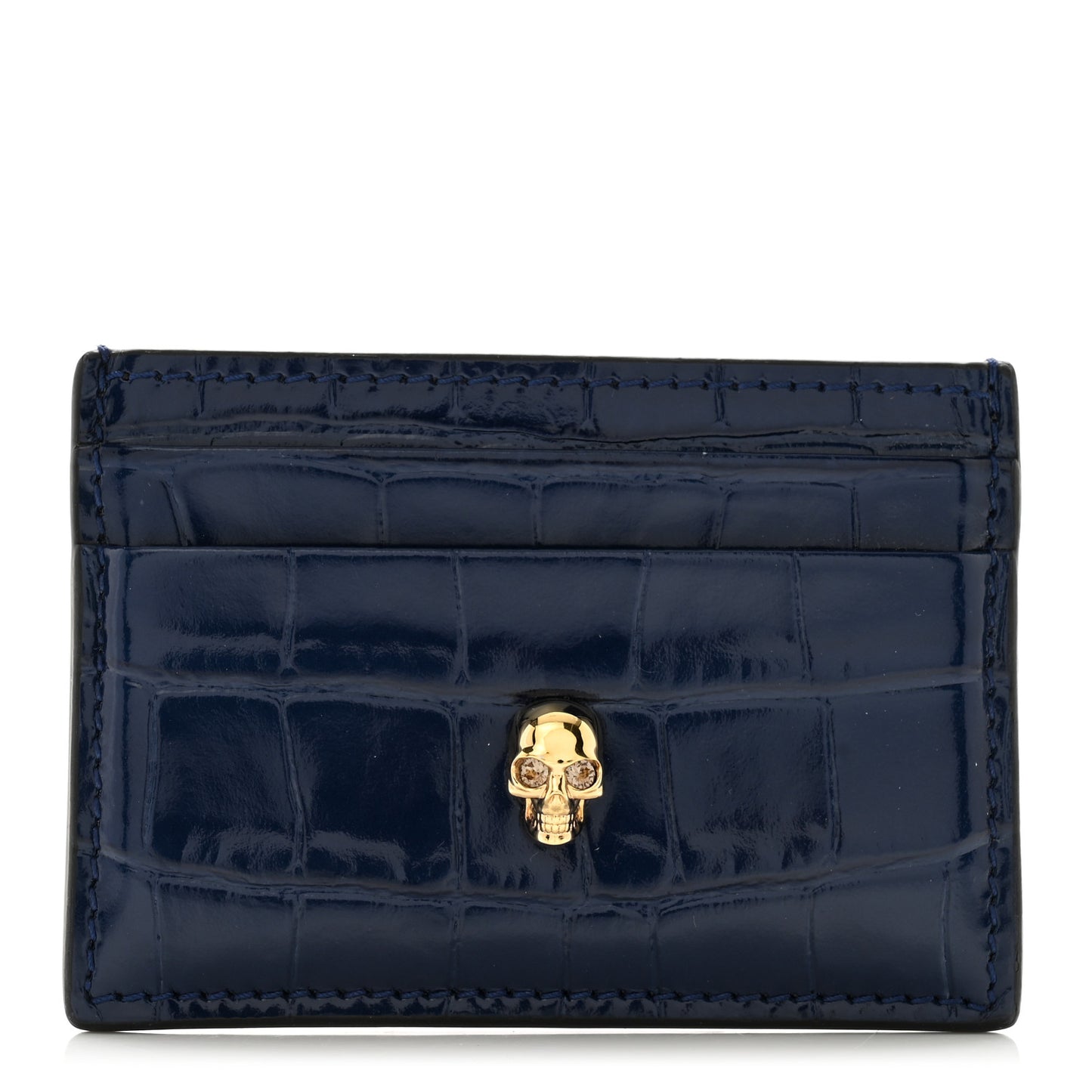 Patent Crocodile Embossed Skull Card Holder Navy