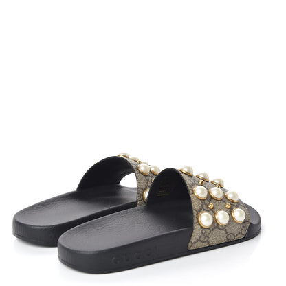 Gucci GG Supreme Monogram Pearls Slide Sandals 34 Beige 4 of 8