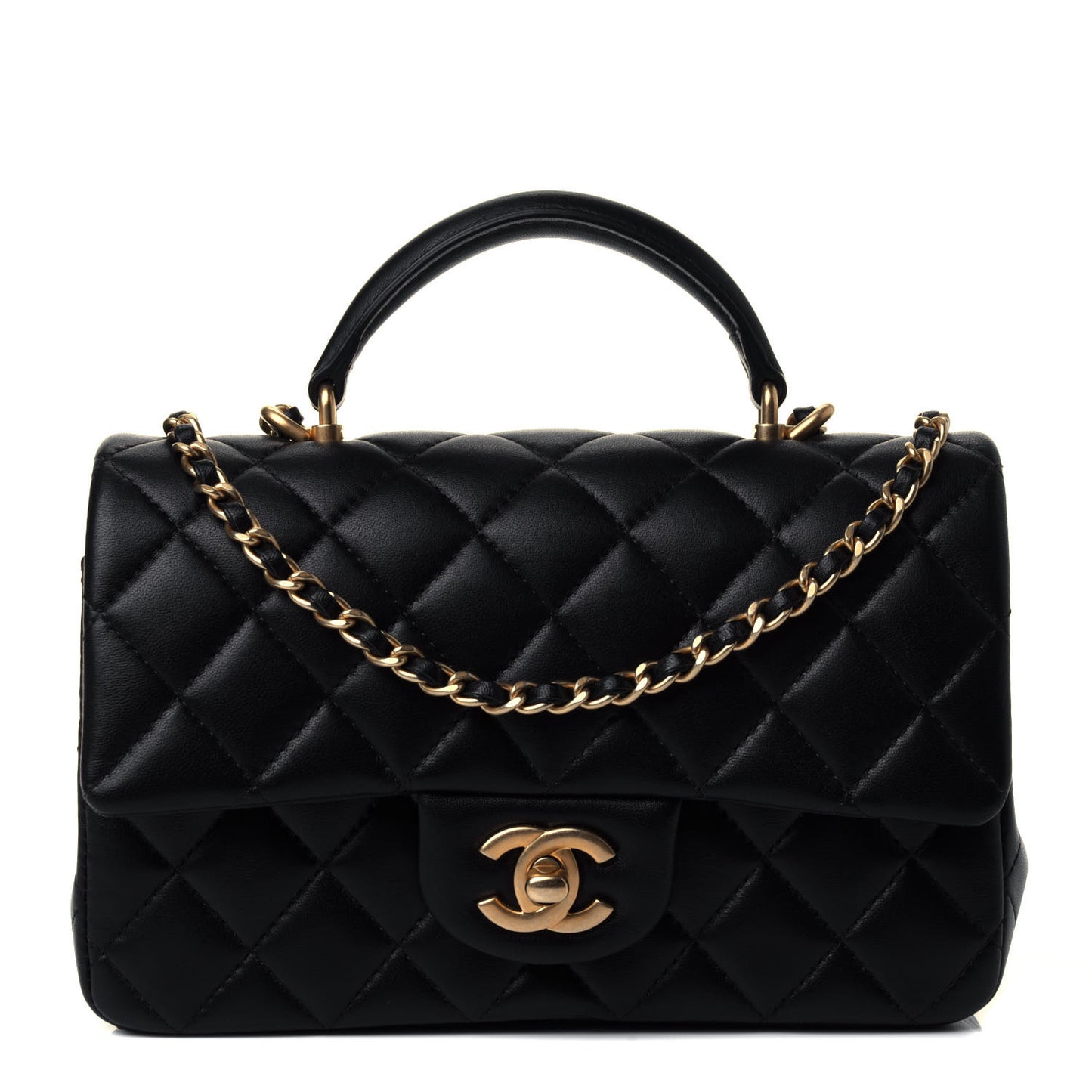 Lambskin Quilted Mini Top Handle Rectangular Flap Black