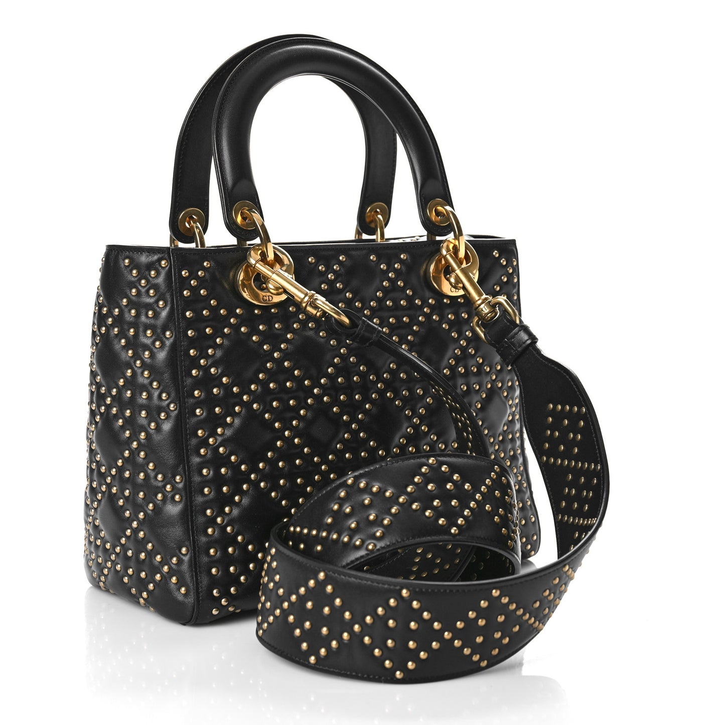 Calfskin Cannage Studded Medium Supple Lady Dior Black