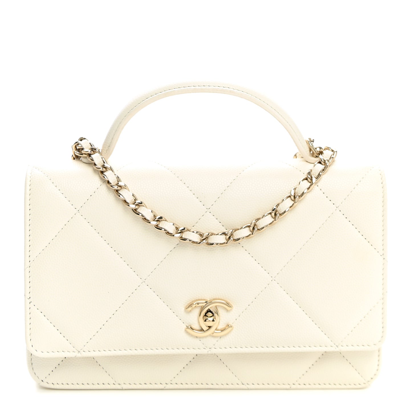Shiny Caviar Quilted Turnlock Top Handle Wallet On Chain WOC White