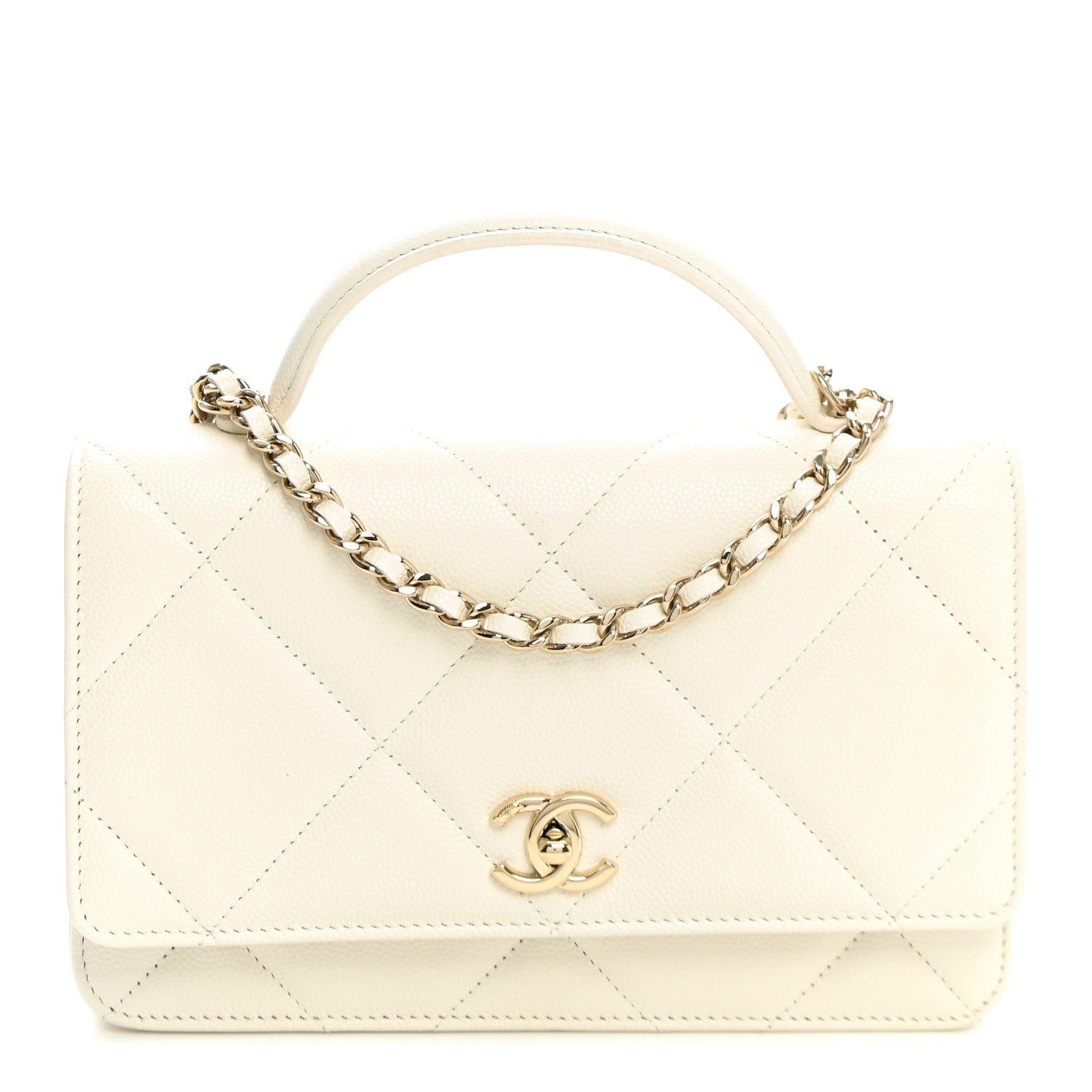 Chanel Shiny Caviar Quilted Turnlock Top Handle Wallet On Chain WOC White 1 of 9