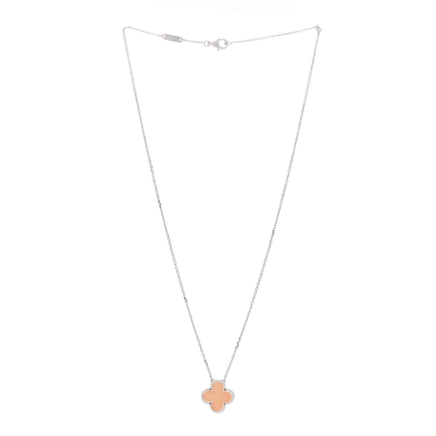 18K White Gold Pink Opal Vintage Alhambra Pendant Necklace