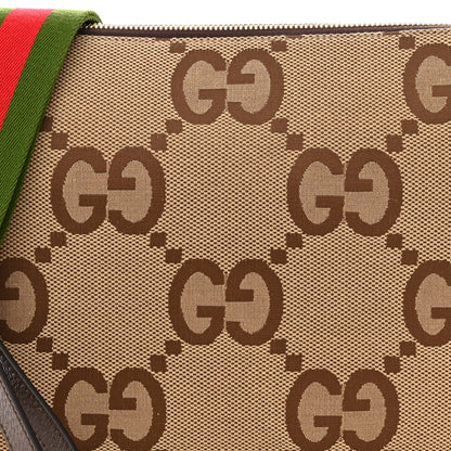 Gucci Monogram Jumbo GG Textured Dollar Calfskin Web Wristlet Messenger Bag Camel Ebony New Acero 8 of 11