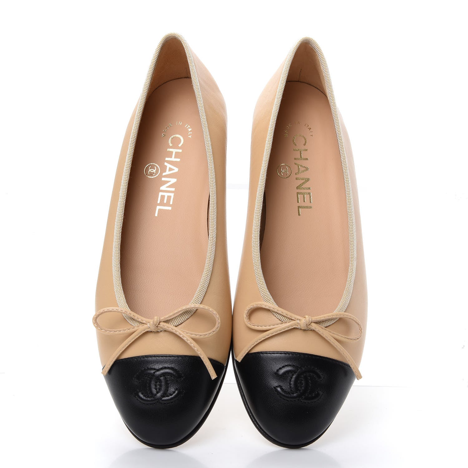 Chanel Lambskin Cap Toe CC Ballerina Flats 36.5 Beige Black 5 of 12