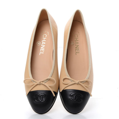 Chanel Lambskin Cap Toe CC Ballerina Flats 36.5 Beige Black 5 of 12