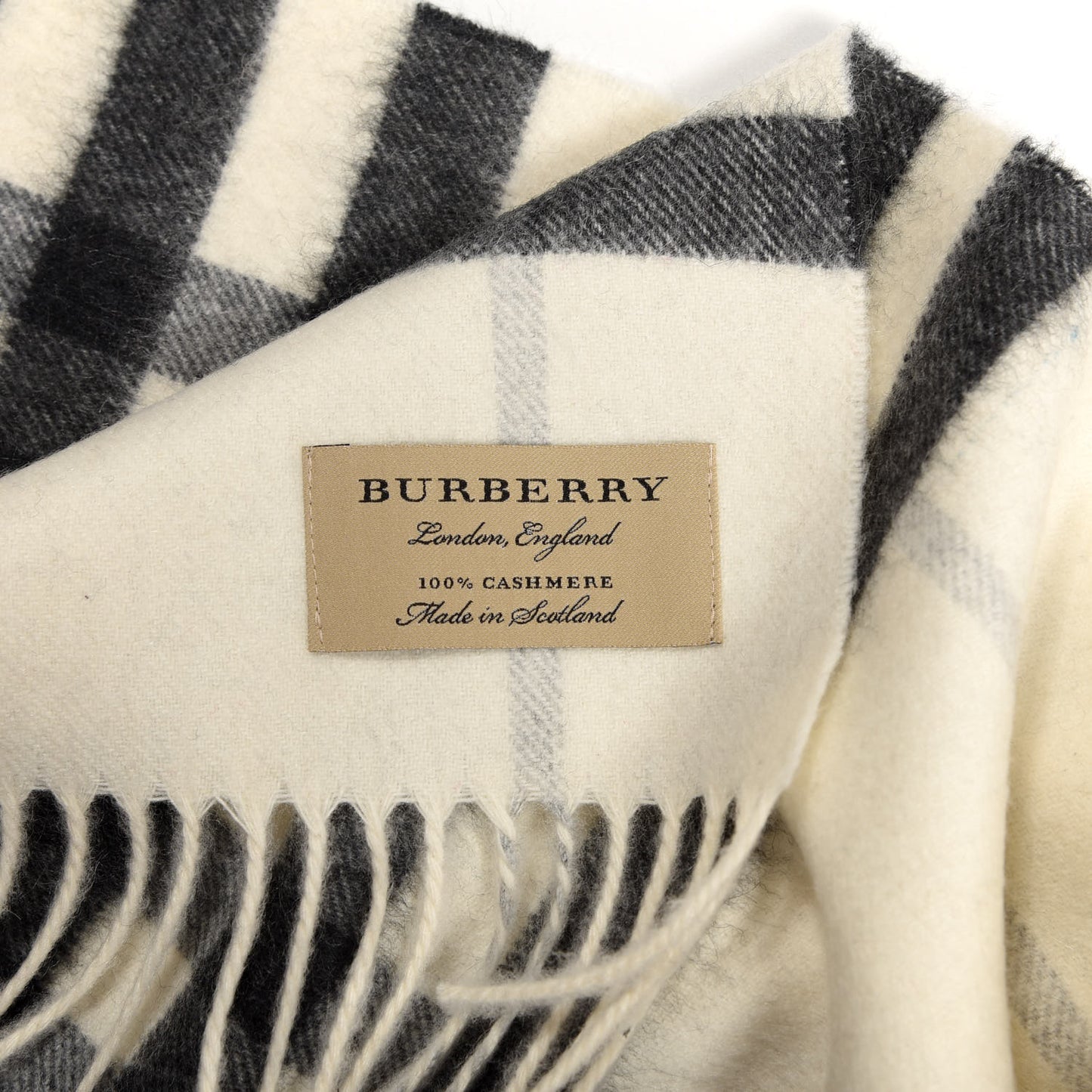 Cashmere Giant Check Icon Stripe Fringe Scarf Natural White