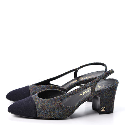 Chanel Wool Cap Toe CC Slingback Pumps 39.5 Black Dark Grey 3 of 10