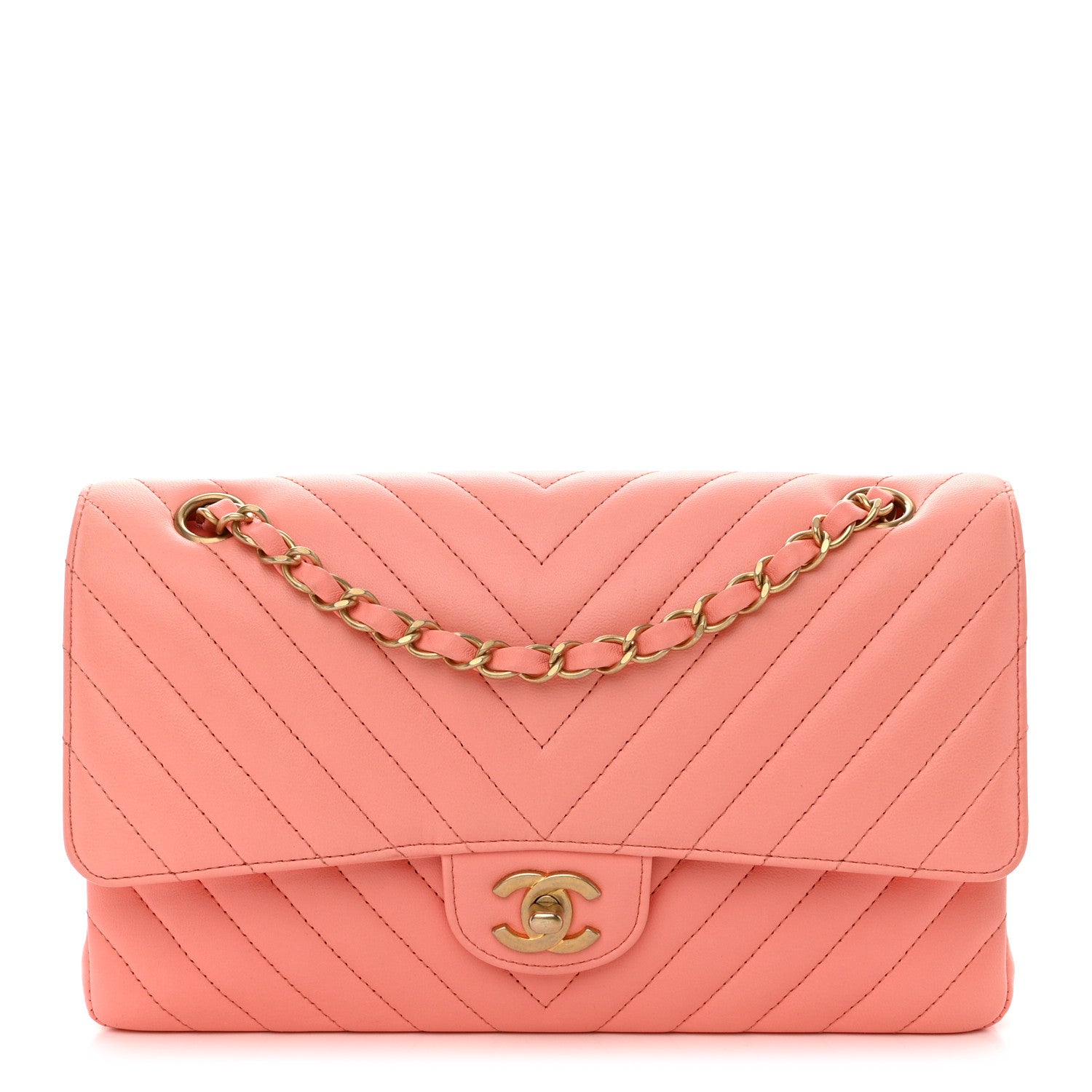 Chanel Lambskin Chevron Quilted Medium Double Flap Coral 1 of 10