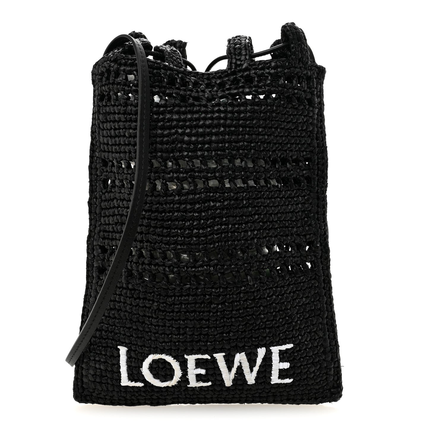 Raffia Logo Drawstring Pocket Crossbody Black