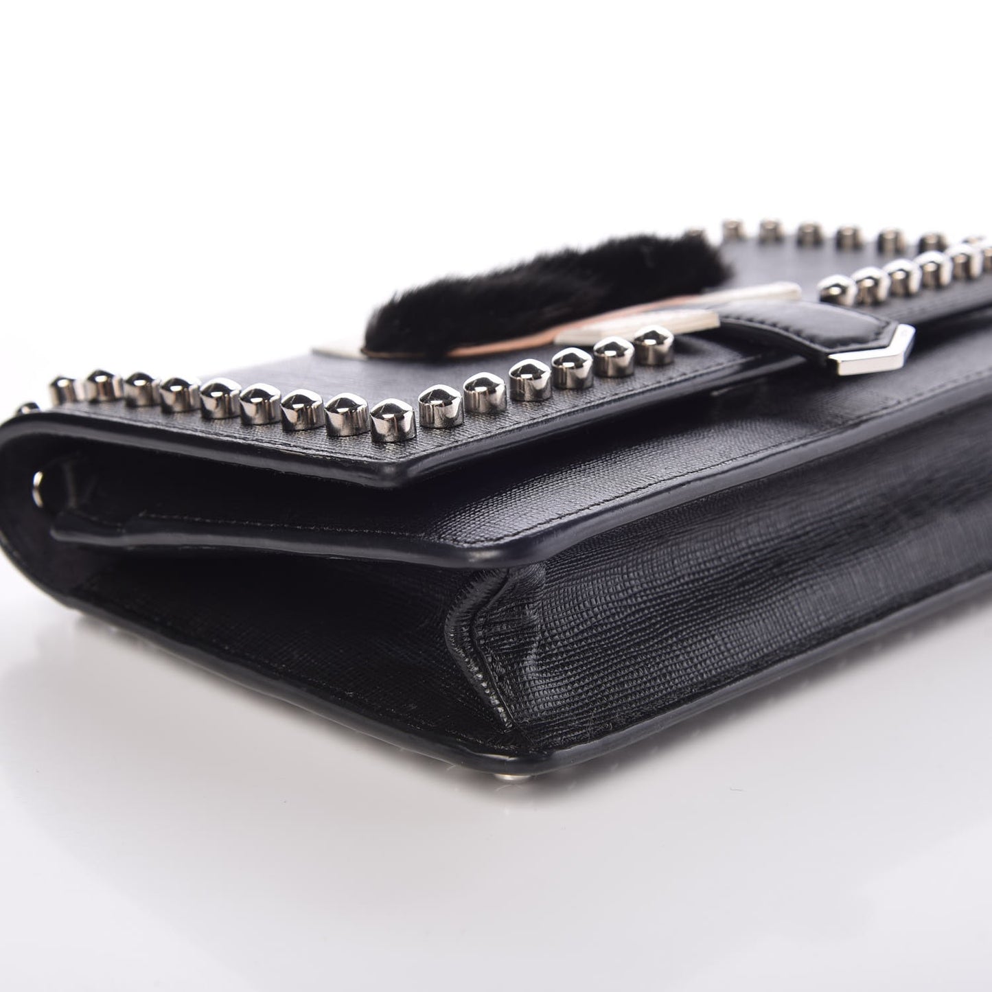 Vitello Elite Mink Fur Studded Karlito Tube Wallet on Chain Black