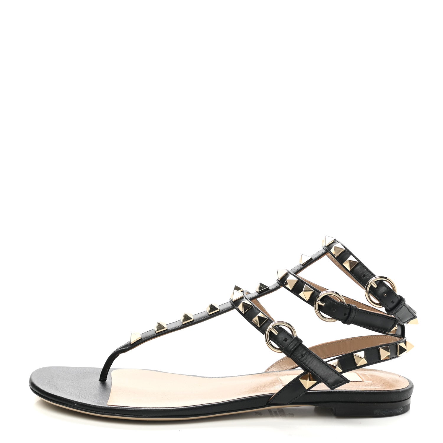 Valentino Garavani Calfskin Rockstud Ankle Wrap Flat Thong Sandals 36 Black 1 of 11