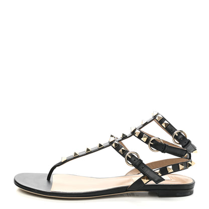 Valentino Garavani Calfskin Rockstud Ankle Wrap Flat Thong Sandals 36 Black 1 of 11