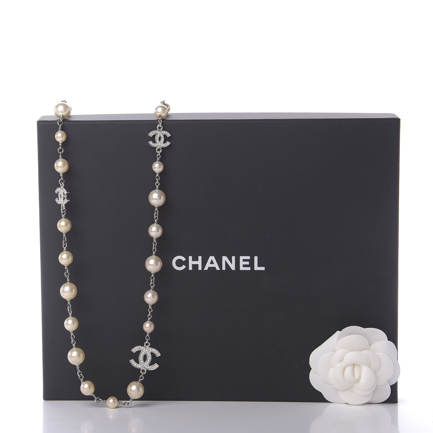 Crystal Pearl CC Long Necklace Silver