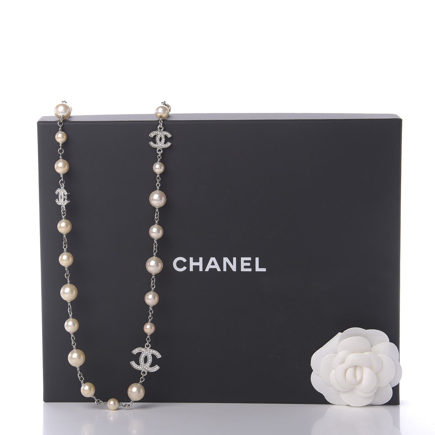 Chanel Crystal Pearl CC Long Necklace Silver 9 of 9