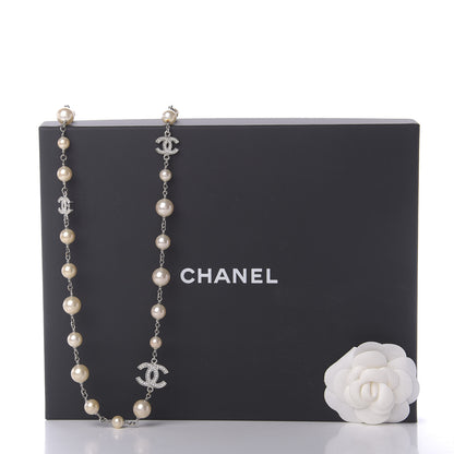 Chanel Crystal Pearl CC Long Necklace Silver 9 of 9