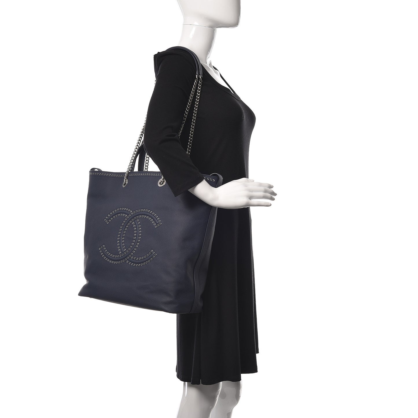 Grained Calfskin Large Coco Eyelets Shopping Tote Navy