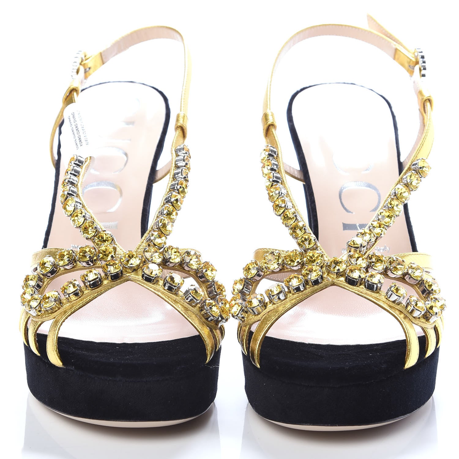 Gucci Velvet Nappa Crystal Zephyra Slingback Platform High Heel Sandals 38 Black Gold 2 of 11