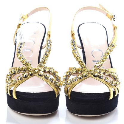 Gucci Velvet Nappa Crystal Zephyra Slingback Platform High Heel Sandals 38 Black Gold 2 of 11