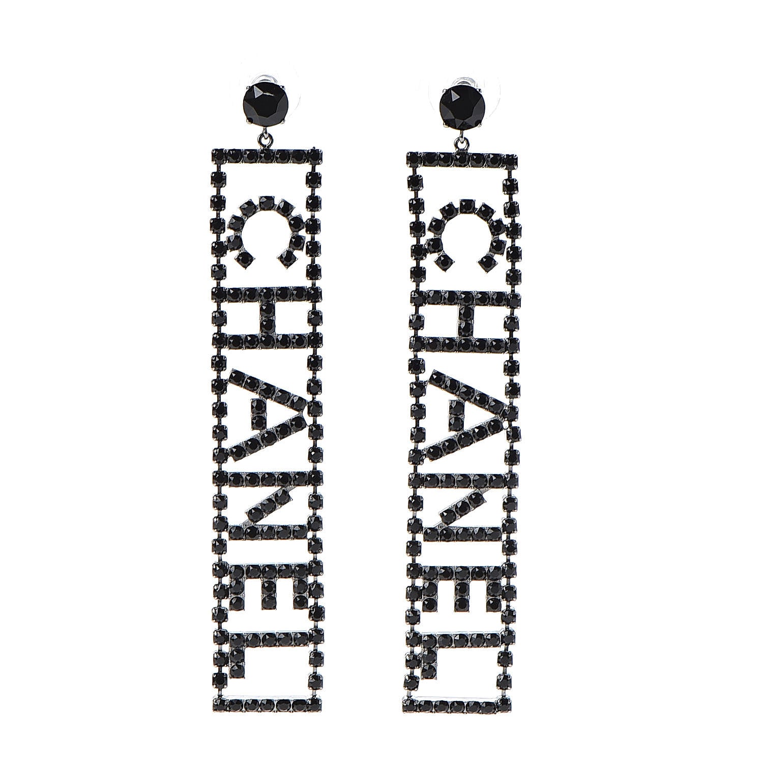 Chanel Ruthenium Crystal Logo Drop Earrings Black 1 of 4