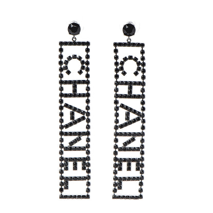 Chanel Ruthenium Crystal Logo Drop Earrings Black 1 of 4