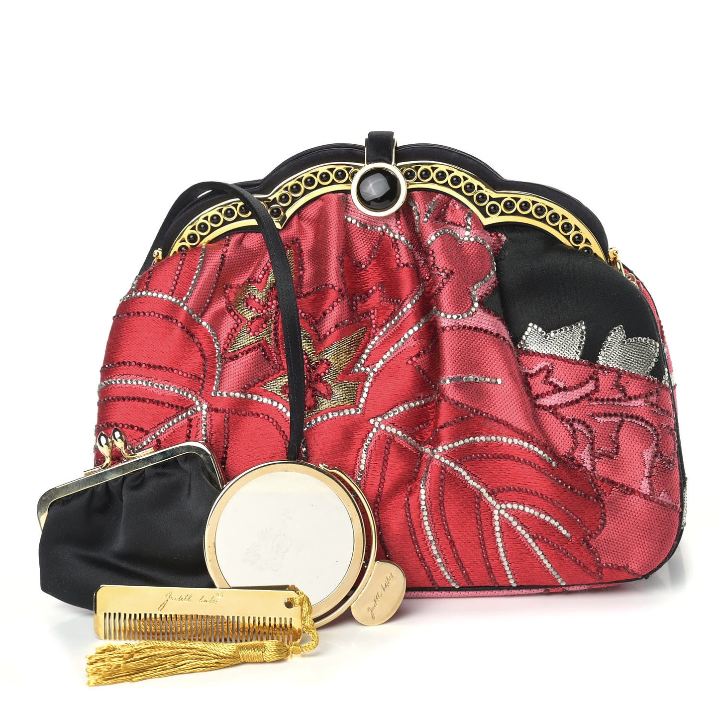 Satin Crystal Embroidered Clutch Red Black