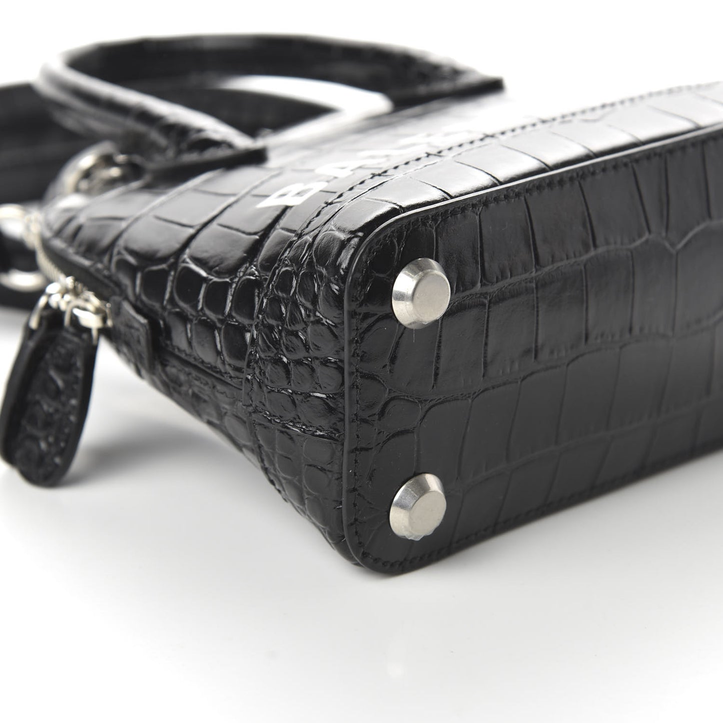 Calfskin Logo Crocodile Embossed XXS Ville Top Handle Bag Black White